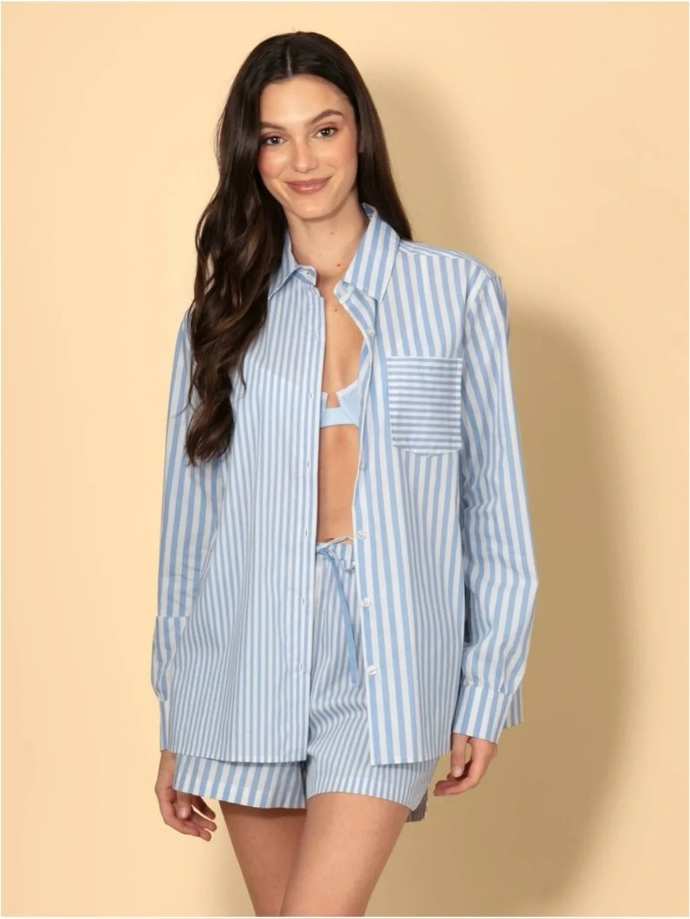 Solid & Striped Blue White Striped Long Sleeve Button Down Shirt and Short Set